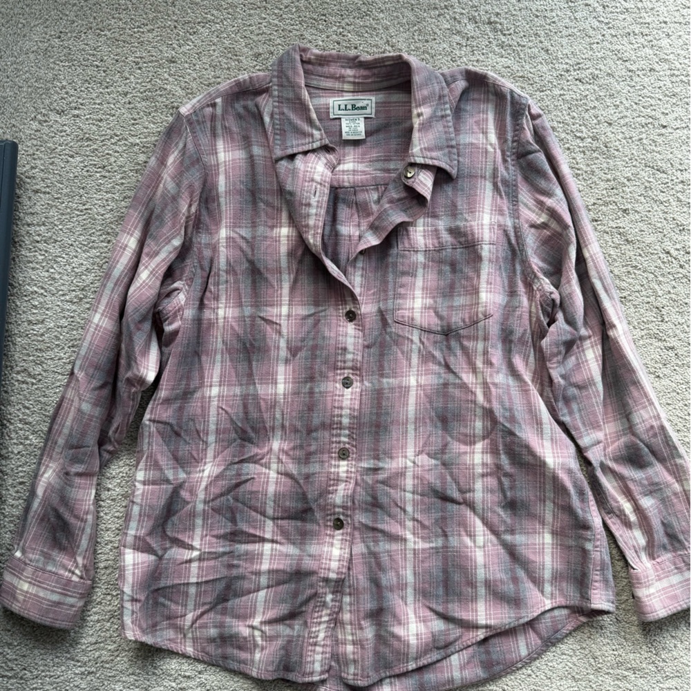 L.L. Bean 100% Cotton Women's Pink and Gray Plaid Shirt Size M